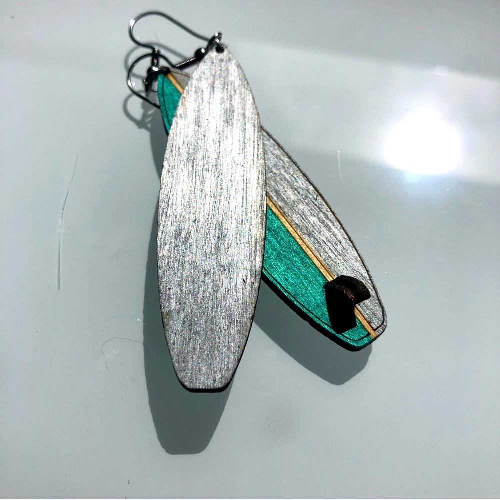 Surfboard Earrings | Lightweight wood | hand painted silver/aqua. Each unique